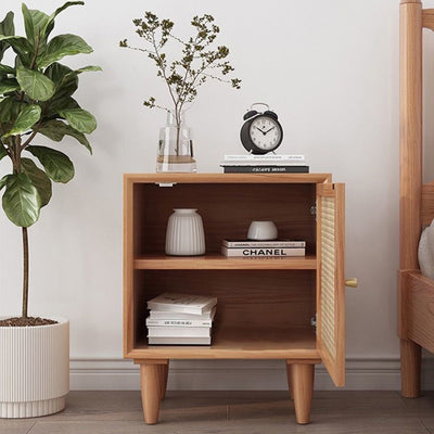 Traditional Chinese Square Pine Solid Wood Plywood Rattan Glass Nightstand 1-Cabinet For Bedroom