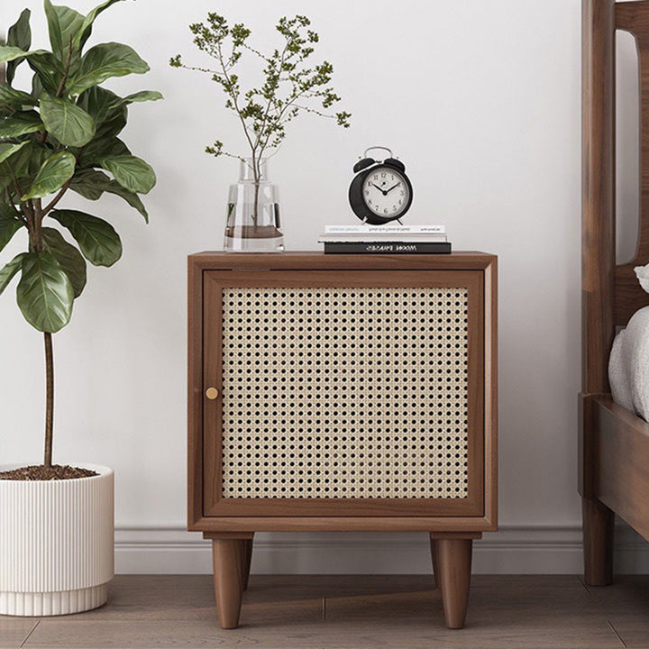 Traditional Chinese Square Pine Solid Wood Plywood Rattan Glass Nightstand 1-Cabinet For Bedroom