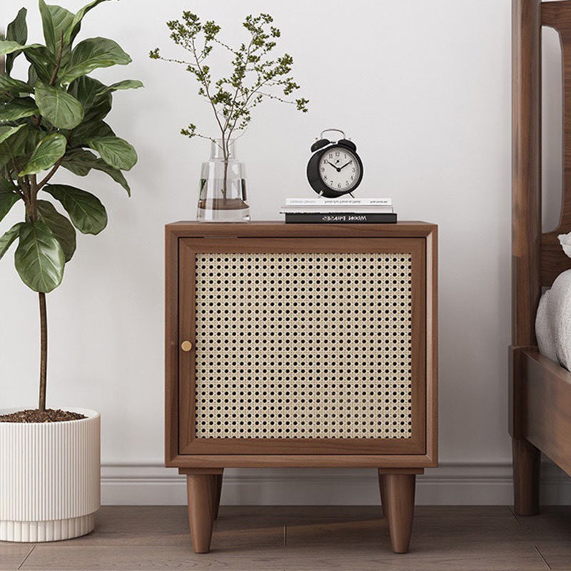 Traditional Chinese Square Pine Solid Wood Plywood Rattan Glass Nightstand 1-Cabinet For Bedroom