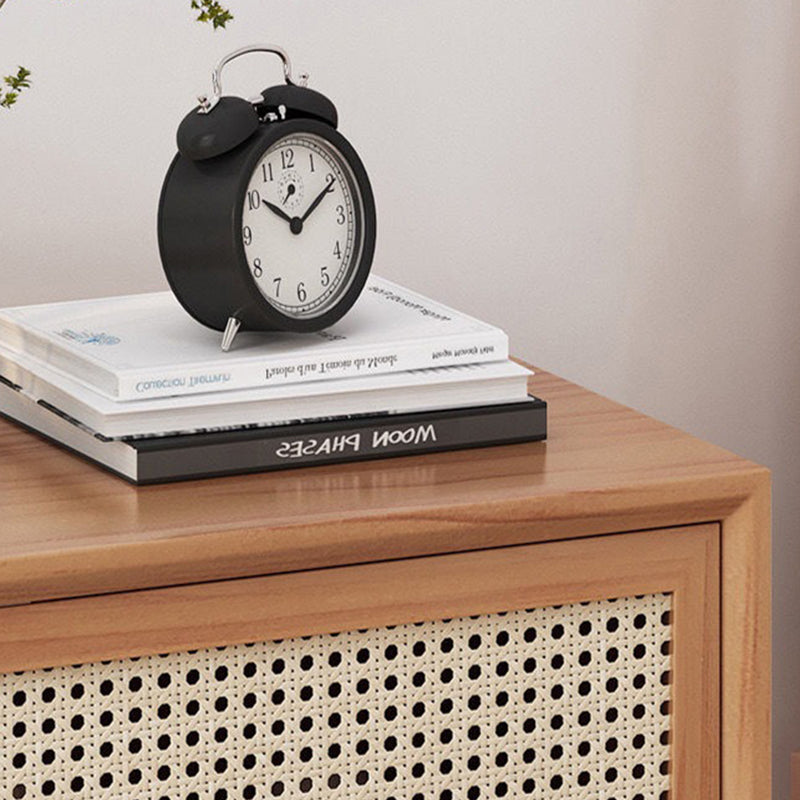 Traditional Chinese Square Pine Solid Wood Plywood Rattan Glass Nightstand 1-Cabinet For Bedroom