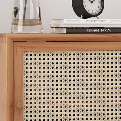 Traditional Chinese Square Pine Solid Wood Plywood Rattan Glass Nightstand 1-Cabinet For Bedroom