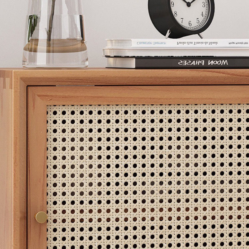 Traditional Chinese Square Pine Solid Wood Plywood Rattan Glass Nightstand 1-Cabinet For Bedroom