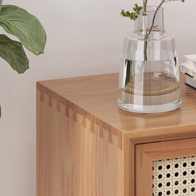 Traditional Chinese Square Pine Solid Wood Plywood Rattan Glass Nightstand 1-Cabinet For Bedroom