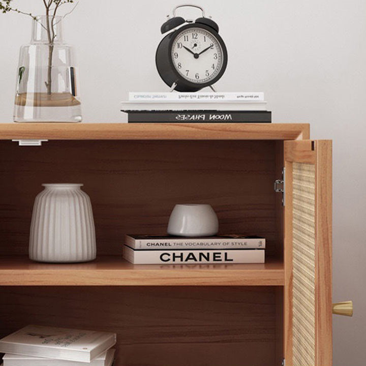 Traditional Chinese Square Pine Solid Wood Plywood Rattan Glass Nightstand 1-Cabinet For Bedroom