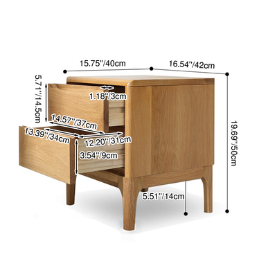 Modern Minimalist Square Red Oak Solid Wood Paulownia Solid Wood Nightstand 2-Drawer For Bedroom