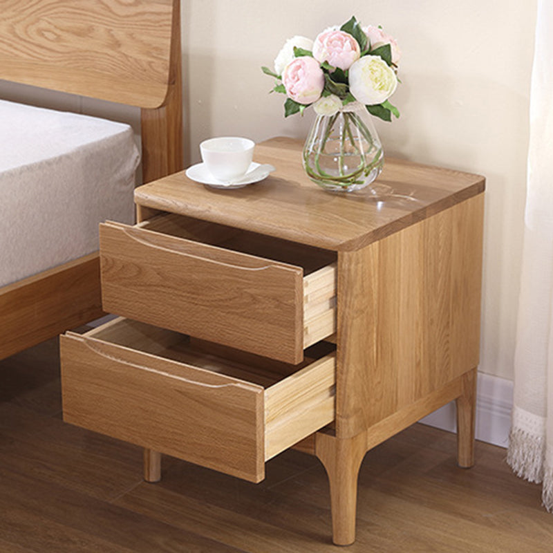 Modern Minimalist Square Red Oak Solid Wood Paulownia Solid Wood Nightstand 2-Drawer For Bedroom