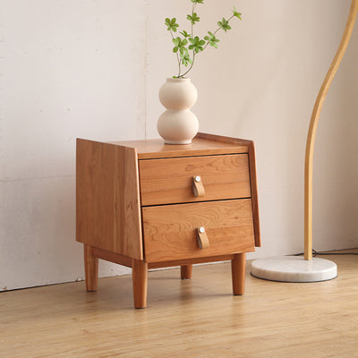 Contemporary Scandinavian Square Cherry Wood Solid Wood Poplar Solid Wood Nightstand 2-Drawer For Bedroom