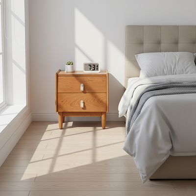 Contemporary Scandinavian Square Cherry Wood Solid Wood Poplar Solid Wood Nightstand 2-Drawer For Bedroom