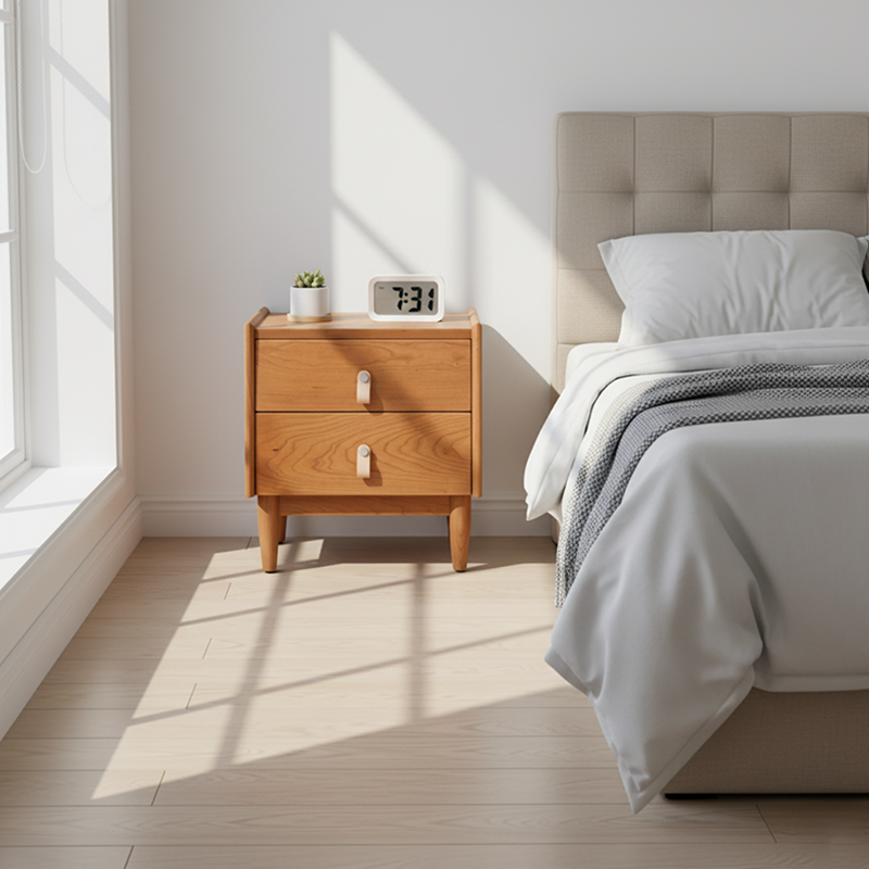Contemporary Scandinavian Square Cherry Wood Solid Wood Poplar Solid Wood Nightstand 2-Drawer For Bedroom