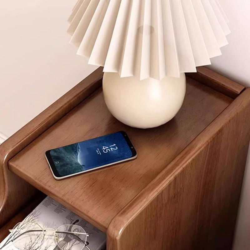 Contemporary Scandinavian Rectangular Rubberwood Solid Wood Space-Saving Nightstand 1-Tier 2-Drawer For Bedroom