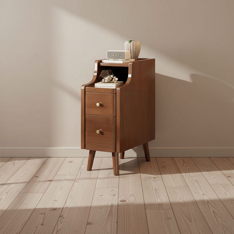 Contemporary Scandinavian Rectangular Rubberwood Solid Wood Space-Saving Nightstand 1-Tier 2-Drawer For Bedroom