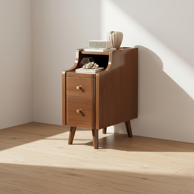 Contemporary Scandinavian Rectangular Rubberwood Solid Wood Space-Saving Nightstand 1-Tier 2-Drawer For Bedroom