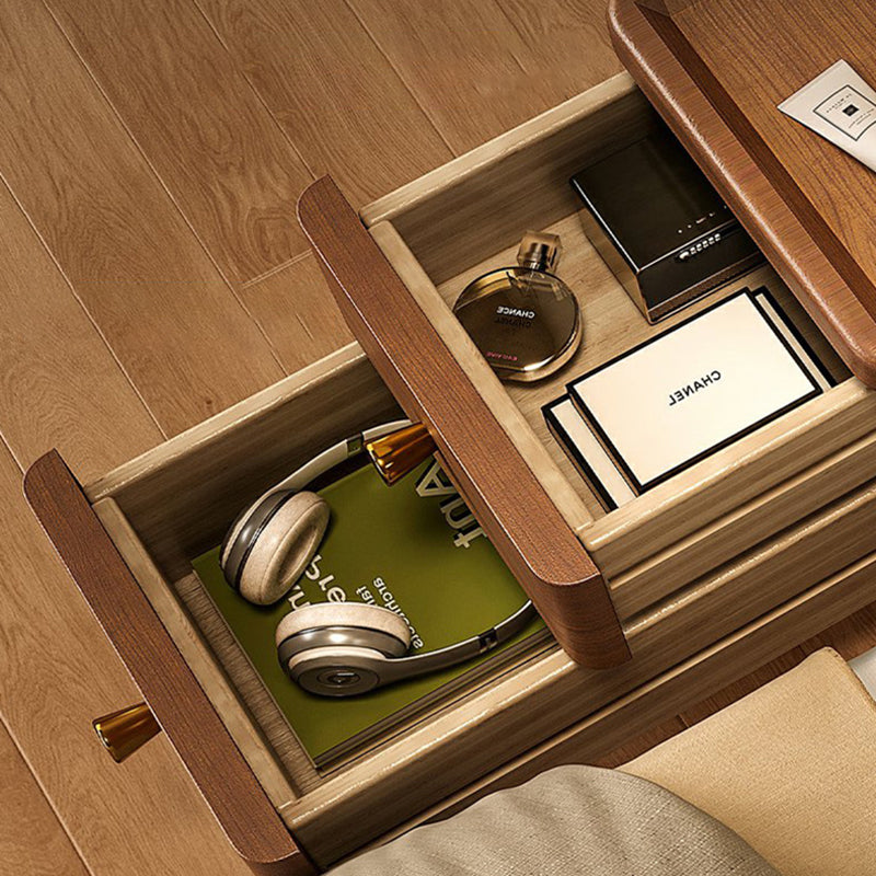 Contemporary Scandinavian Rectangular Rubberwood Solid Wood Space-Saving Nightstand 1-Tier 2-Drawer For Bedroom