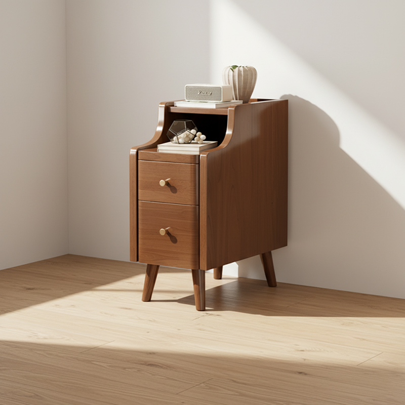 Contemporary Scandinavian Rectangular Rubberwood Solid Wood Space-Saving Nightstand 1-Tier 2-Drawer For Bedroom