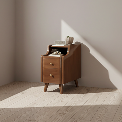 Contemporary Scandinavian Rectangular Rubberwood Solid Wood Space-Saving Nightstand 1-Tier 2-Drawer For Bedroom