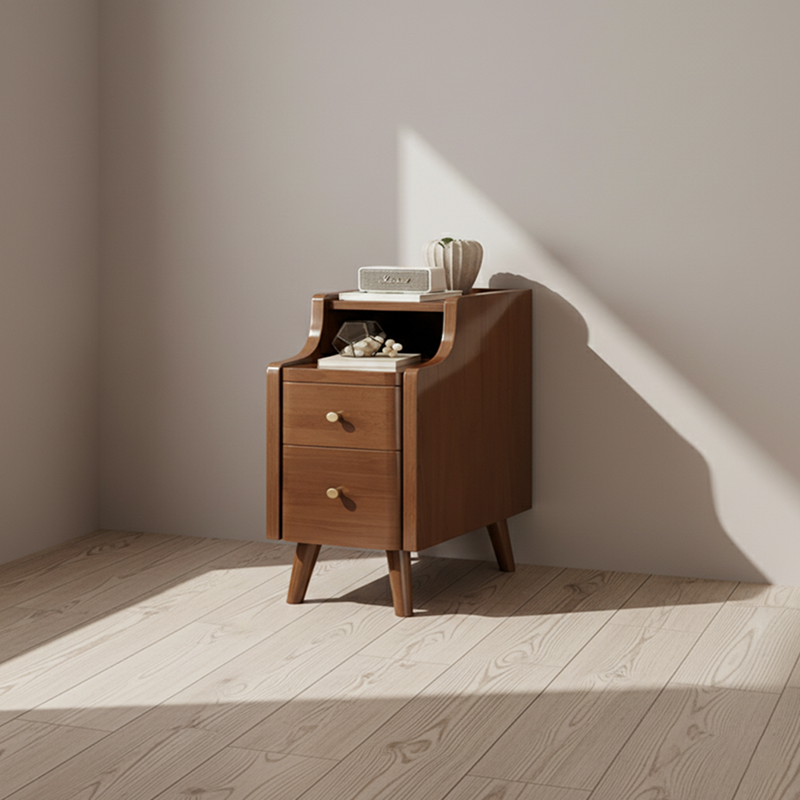 Contemporary Scandinavian Rectangular Rubberwood Solid Wood Space-Saving Nightstand 1-Tier 2-Drawer For Bedroom