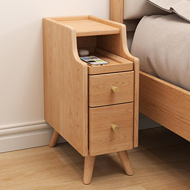 Contemporary Scandinavian Rectangular Rubberwood Solid Wood Space-Saving Nightstand 1-Tier 2-Drawer For Bedroom