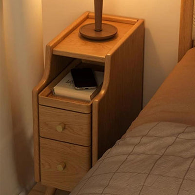 Contemporary Scandinavian Rectangular Rubberwood Solid Wood Space-Saving Nightstand 1-Tier 2-Drawer For Bedroom