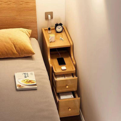 Contemporary Scandinavian Rectangular Rubberwood Solid Wood Space-Saving Nightstand 1-Tier 2-Drawer For Bedroom