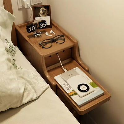 Contemporary Scandinavian Rectangular Rubberwood Solid Wood Space-Saving Nightstand 1-Tier 2-Drawer For Bedroom