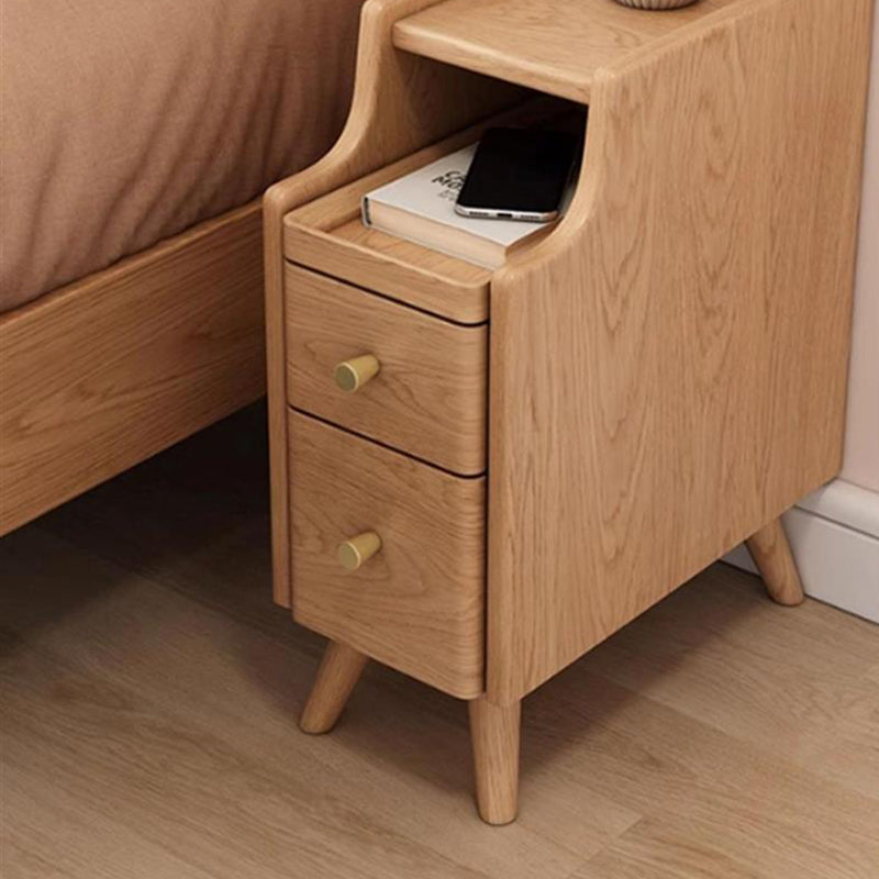 Contemporary Scandinavian Rectangular Rubberwood Solid Wood Space-Saving Nightstand 1-Tier 2-Drawer For Bedroom