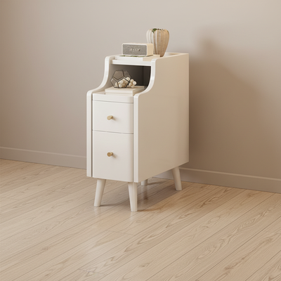 Contemporary Scandinavian Rectangular Rubberwood Solid Wood Space-Saving Nightstand 1-Tier 2-Drawer For Bedroom