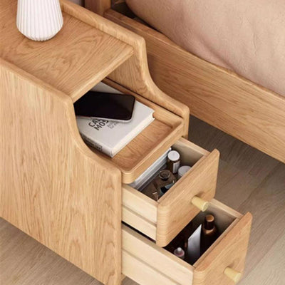 Contemporary Scandinavian Rectangular Rubberwood Solid Wood Space-Saving Nightstand 1-Tier 2-Drawer For Bedroom