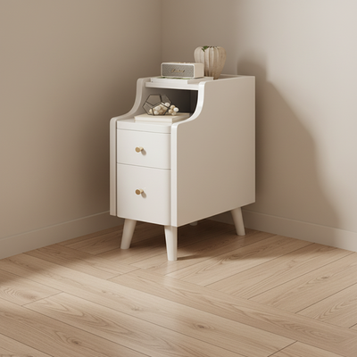 Contemporary Scandinavian Rectangular Rubberwood Solid Wood Space-Saving Nightstand 1-Tier 2-Drawer For Bedroom