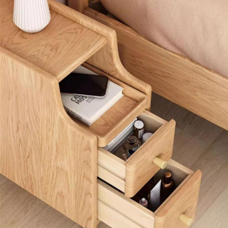 Contemporary Scandinavian Rectangular Rubberwood Solid Wood Space-Saving Nightstand 1-Tier 2-Drawer For Bedroom