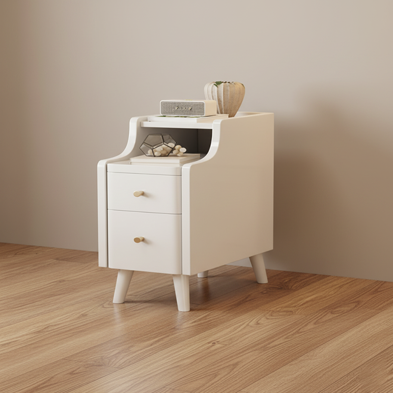 Contemporary Scandinavian Rectangular Rubberwood Solid Wood Space-Saving Nightstand 1-Tier 2-Drawer For Bedroom