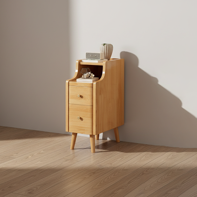 Contemporary Scandinavian Rectangular Rubberwood Solid Wood Space-Saving Nightstand 1-Tier 2-Drawer For Bedroom
