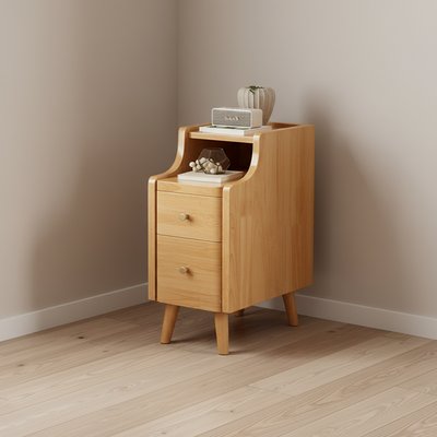 Contemporary Scandinavian Rectangular Rubberwood Solid Wood Space-Saving Nightstand 1-Tier 2-Drawer For Bedroom