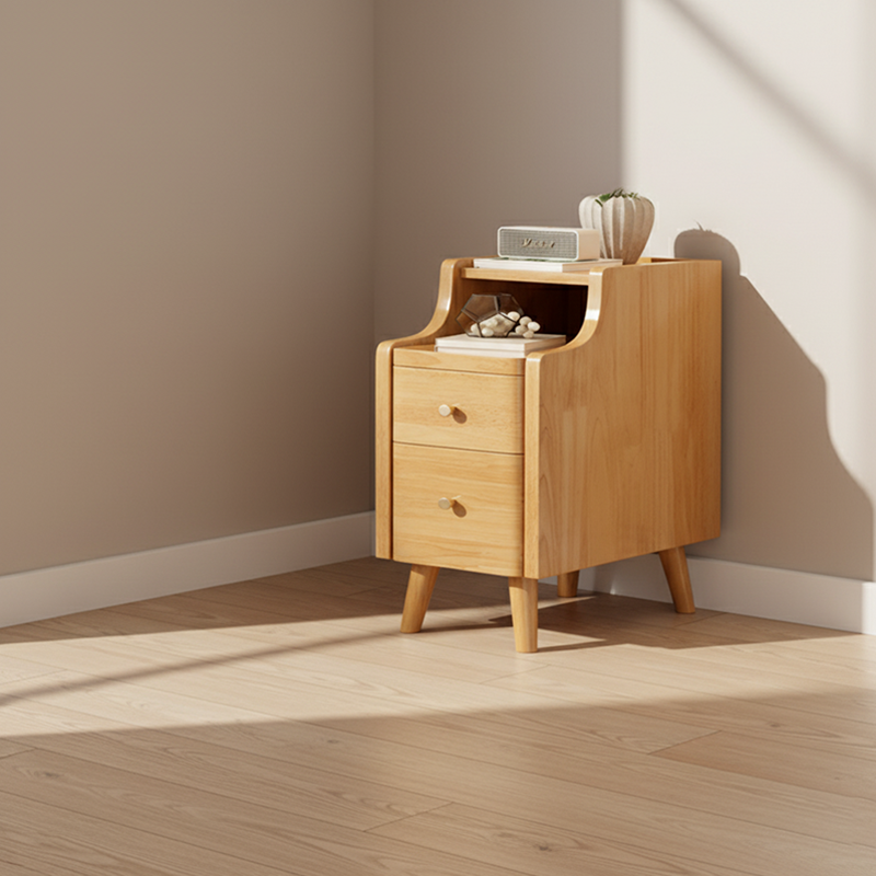 Contemporary Scandinavian Rectangular Rubberwood Solid Wood Space-Saving Nightstand 1-Tier 2-Drawer For Bedroom