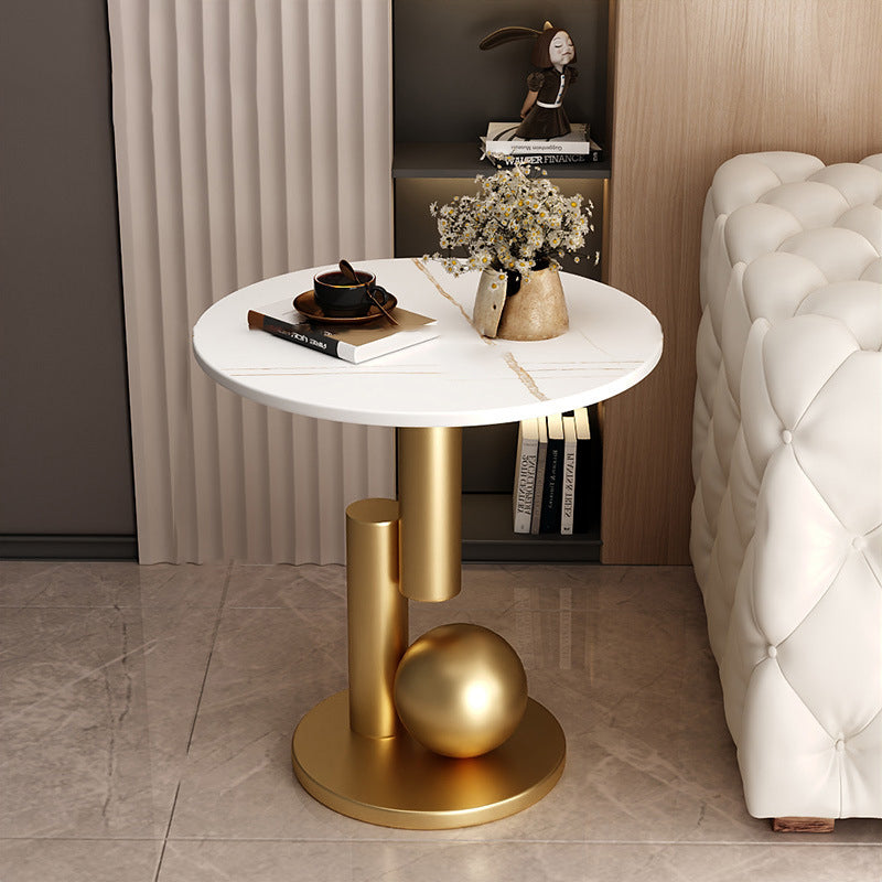 Contemporary Creative Round Sintered Stone Iron Side Table 1-Tier For Living Room