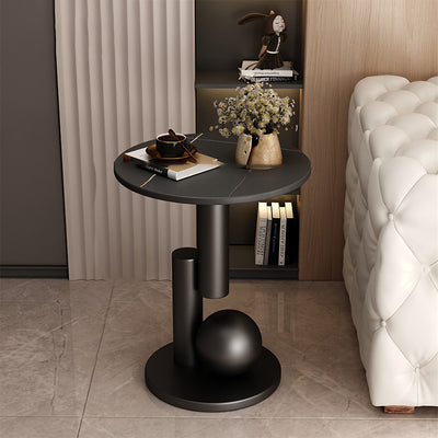 Contemporary Creative Round Sintered Stone Iron Side Table 1-Tier For Living Room