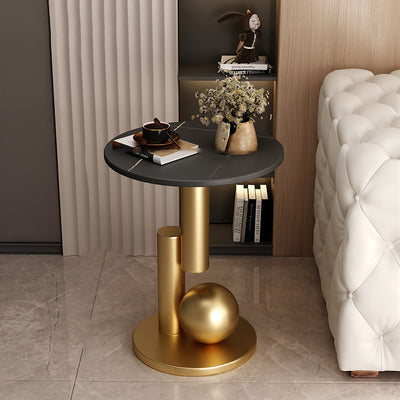 Contemporary Creative Round Sintered Stone Iron Side Table 1-Tier For Living Room