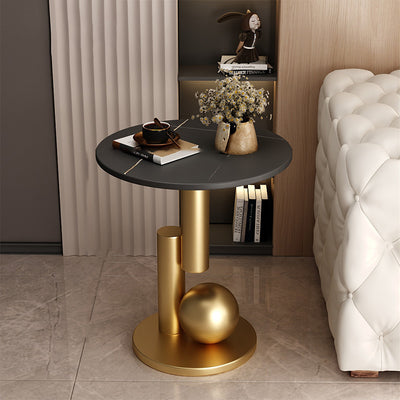 Contemporary Creative Round Sintered Stone Iron Side Table 1-Tier For Living Room