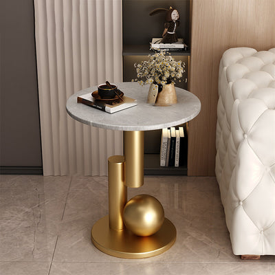 Contemporary Creative Round Sintered Stone Iron Side Table 1-Tier For Living Room