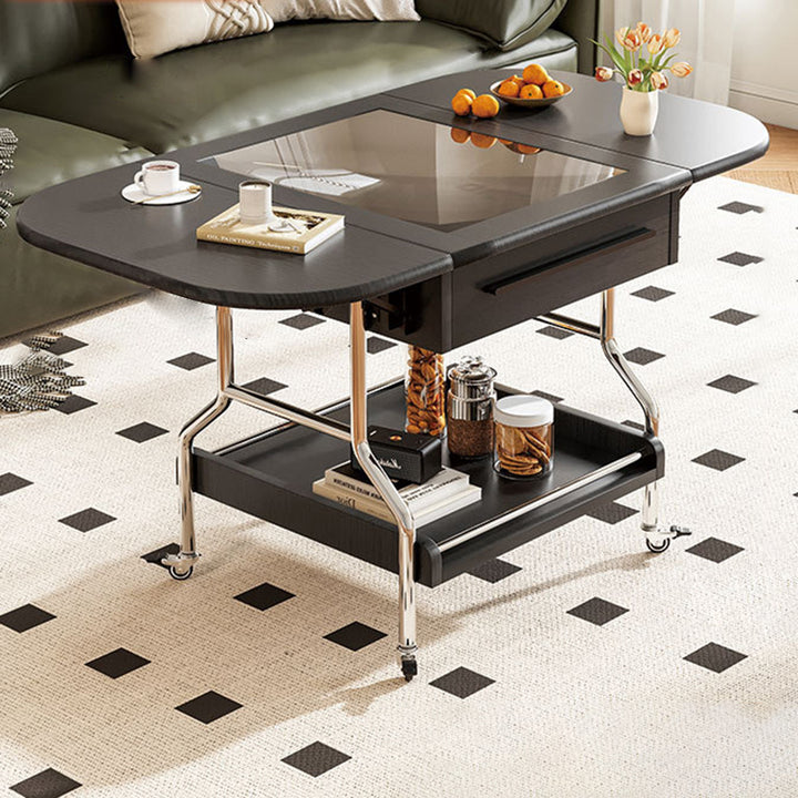 Traditional Vintage Rectangular Tempered Glass Plywood Stainless Steel Foldable Movable Coffee Table 2-Drawer For Living Room