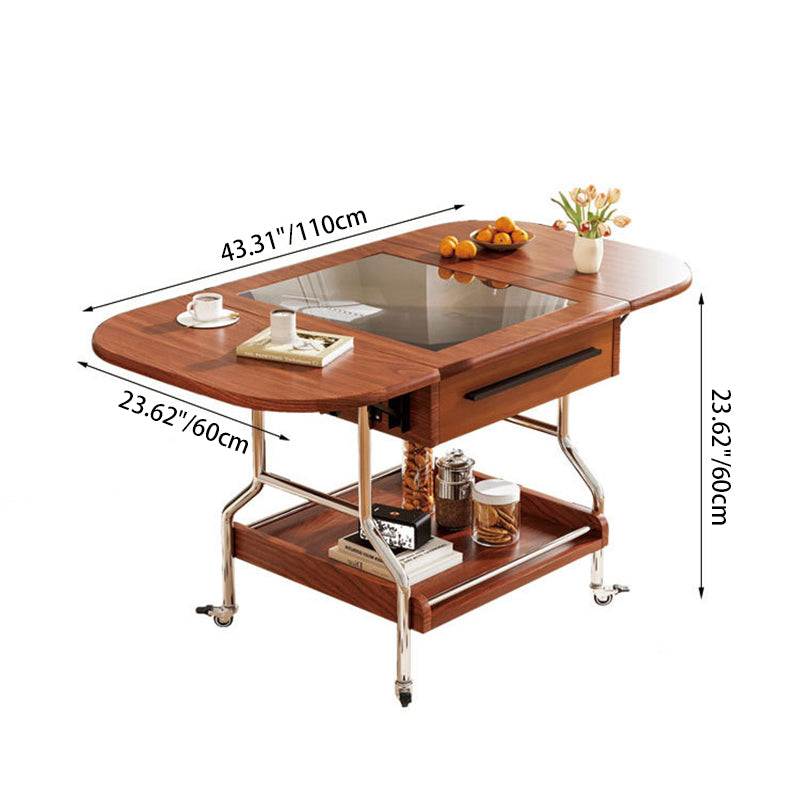 Traditional Vintage Rectangular Tempered Glass Plywood Stainless Steel Foldable Movable Coffee Table 2-Drawer For Living Room