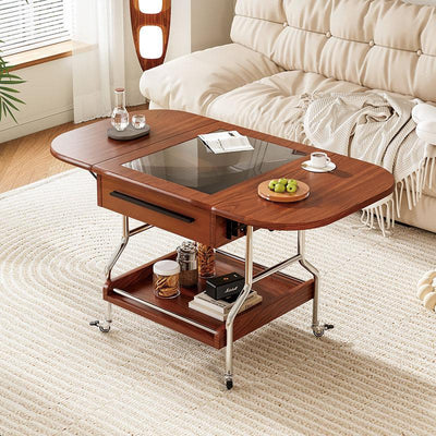 Traditional Vintage Rectangular Tempered Glass Plywood Stainless Steel Foldable Movable Coffee Table 2-Drawer For Living Room