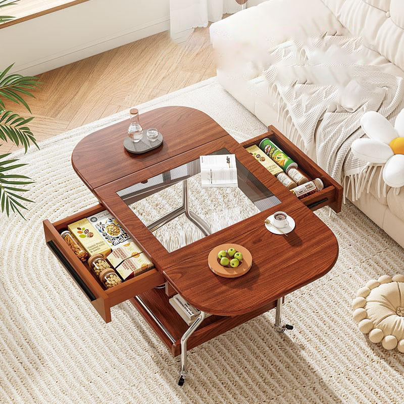 Traditional Vintage Rectangular Tempered Glass Plywood Stainless Steel Foldable Movable Coffee Table 2-Drawer For Living Room