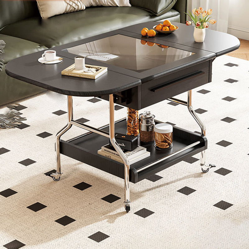 Traditional Vintage Rectangular Tempered Glass Plywood Stainless Steel Foldable Movable Coffee Table 2-Drawer For Living Room