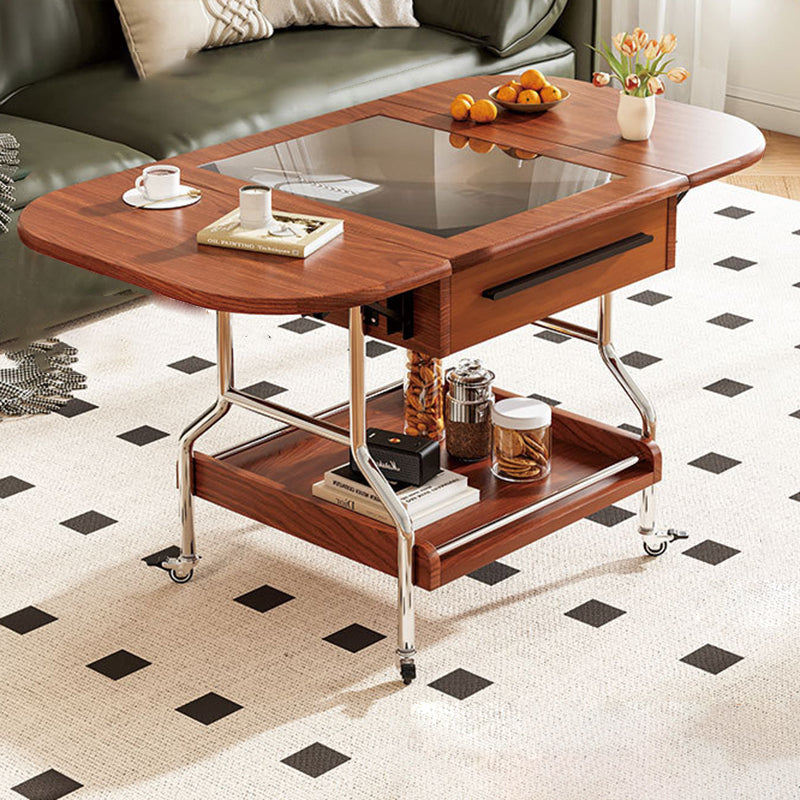 Traditional Vintage Rectangular Tempered Glass Plywood Stainless Steel Foldable Movable Coffee Table 2-Drawer For Living Room