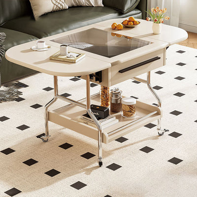 Traditional Vintage Rectangular Tempered Glass Plywood Stainless Steel Foldable Movable Coffee Table 2-Drawer For Living Room