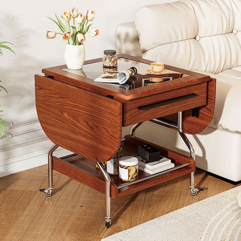 Traditional Vintage Rectangular Tempered Glass Plywood Stainless Steel Foldable Movable Coffee Table 2-Drawer For Living Room