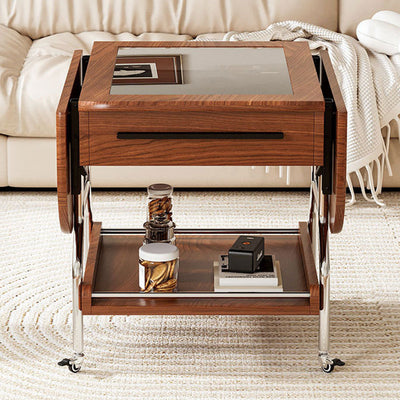 Traditional Vintage Rectangular Tempered Glass Plywood Stainless Steel Foldable Movable Coffee Table 2-Drawer For Living Room