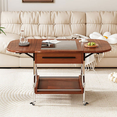 Traditional Vintage Rectangular Tempered Glass Plywood Stainless Steel Foldable Movable Coffee Table 2-Drawer For Living Room