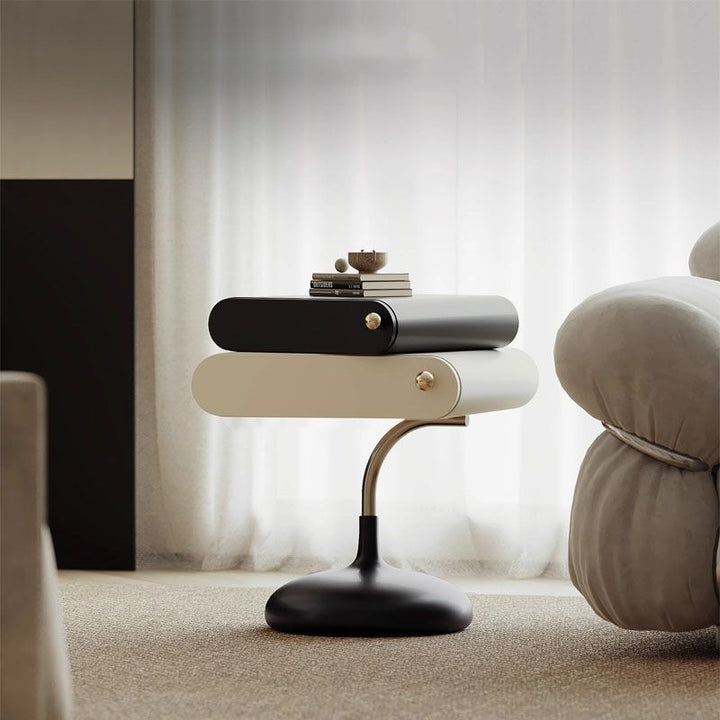 Table d'appoint contemporaine et créative, carrée, à plusieurs couches, en panneau de bois massif et acier inoxydable, avec 2 tiroirs pour le salon 