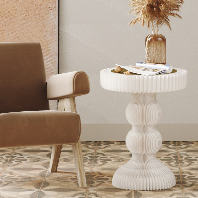 Moderner Art-Deco-Runder Tisch aus Kraftpapier, Edelstahl und Acryl, Akkordeon-Faltbarer Beistelltisch für Wohnzimmer 